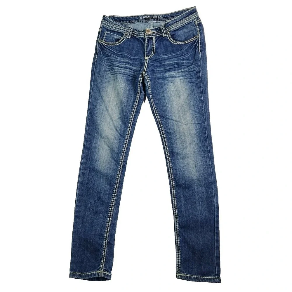 Almost Famous‎ Skinny Jeans Blue Womens Size 9 Thick Stitch Rhinestone Wing Y2K
